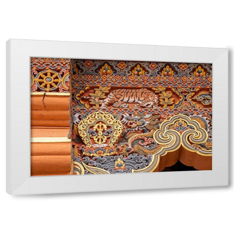 Bhutan Traditional hand painted and carved wooden architectural detail with tiger and dragon White Modern Wood Framed Art Print by Hopkins, Cindy Miller