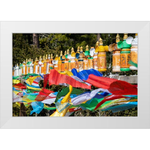 Bhutan-Paro Colorful prayer wheels and flags along the hiking trail to the Tigers Nest Monastery White Modern Wood Framed Art Print by Hopkins, Cindy Miller