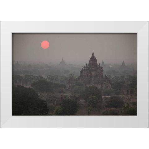 Myanmar, Bagan Sunrise on Buddhist temples White Modern Wood Framed Art Print by Zuckerman, Jim