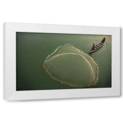 Myanmar, Fisherman casting net on Irrawaddy River White Modern Wood Framed Art Print by Zuckerman, Jim