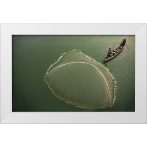 Myanmar, Fisherman casting net on Irrawaddy River White Modern Wood Framed Art Print by Zuckerman, Jim