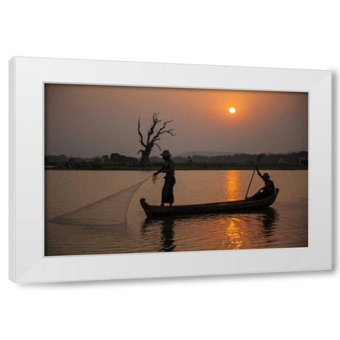 Myanmar, Amarapura Fishermen on Irrawaddy River White Modern Wood Framed Art Print by Zuckerman, Jim
