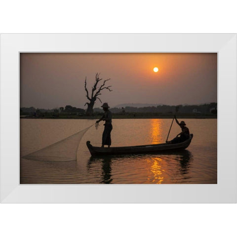 Myanmar, Amarapura Fishermen on Irrawaddy River White Modern Wood Framed Art Print by Zuckerman, Jim