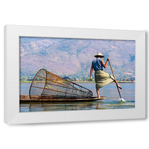 Inlay Lake-Shan State-Myanmar-Fisherman balances between his canoe and pole White Modern Wood Framed Art Print by Haseltine, Tom
