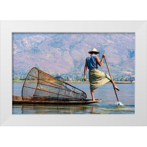 Inlay Lake-Shan State-Myanmar-Fisherman balances between his canoe and pole White Modern Wood Framed Art Print by Haseltine, Tom