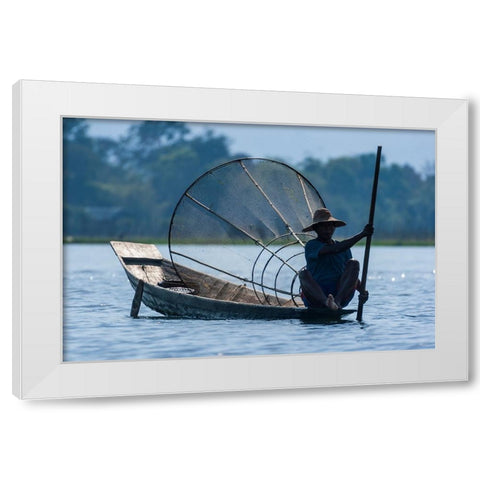 Inlay Lake-Shan State-Myanmar-Fisherman poles his canoe White Modern Wood Framed Art Print by Haseltine, Tom