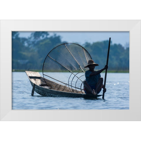 Inlay Lake-Shan State-Myanmar-Fisherman poles his canoe White Modern Wood Framed Art Print by Haseltine, Tom