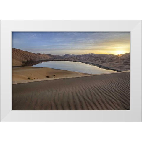 China Sunrise over the Badain Jaran Desert White Modern Wood Framed Art Print by Anon, Ellen