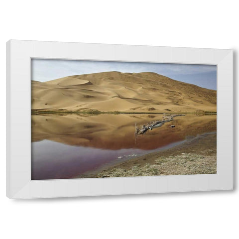 China, Badain Jaran Desert Dune reflects in lake White Modern Wood Framed Art Print by Anon, Ellen