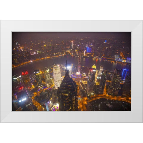 China, Shanghai Downtown buildings at night White Modern Wood Framed Art Print by Zuckerman, Jim