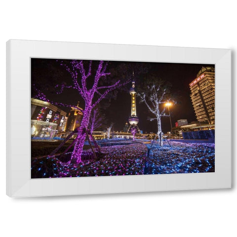 China, Shanghai Artistic light display at night White Modern Wood Framed Art Print by Zuckerman, Jim