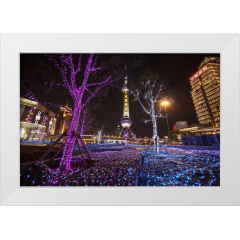 China, Shanghai Artistic light display at night White Modern Wood Framed Art Print by Zuckerman, Jim
