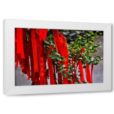 Asia-China-Zhujiajiao (Venice of the East)-Red Ribbons of Wish to a Higher Power White Modern Wood Framed Art Print by Looney, Hollice
