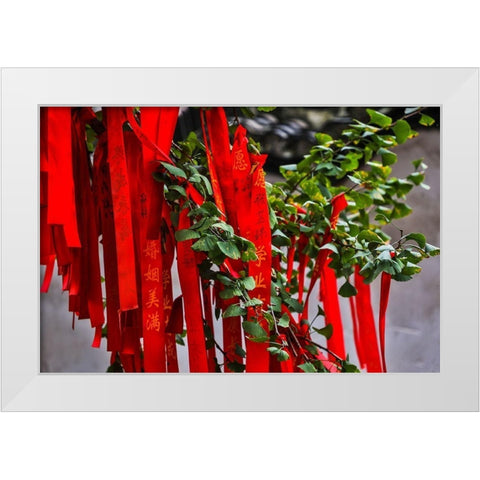 Asia-China-Zhujiajiao (Venice of the East)-Red Ribbons of Wish to a Higher Power White Modern Wood Framed Art Print by Looney, Hollice