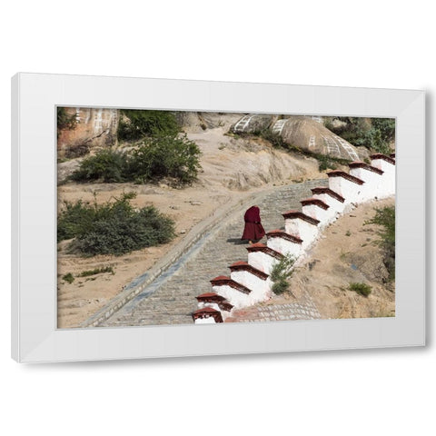 Monk walking the stairs in Drepung Monastery-Gelug university monasteries of Tibet-Lhasa-Tibet-China White Modern Wood Framed Art Print by Su, Keren