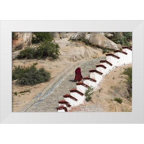 Monk walking the stairs in Drepung Monastery-Gelug university monasteries of Tibet-Lhasa-Tibet-China White Modern Wood Framed Art Print by Su, Keren