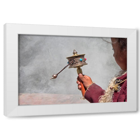 Tibetan girl-prayer wheel-Drepung Monastery-Gelug university monasteries of Tibet-Lhasa-Tibet-China White Modern Wood Framed Art Print by Su, Keren