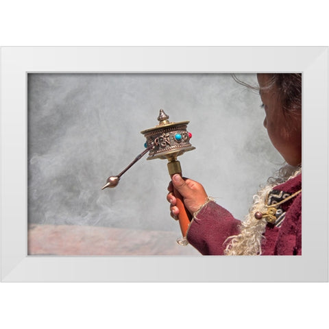 Tibetan girl-prayer wheel-Drepung Monastery-Gelug university monasteries of Tibet-Lhasa-Tibet-China White Modern Wood Framed Art Print by Su, Keren
