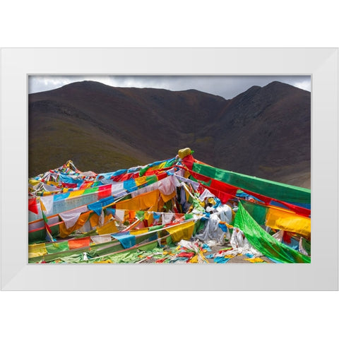 Prayer flags on Tibetan Plateau with Tanggula Mountain-Namtso-Lake Nam-Tibet-China White Modern Wood Framed Art Print by Su, Keren