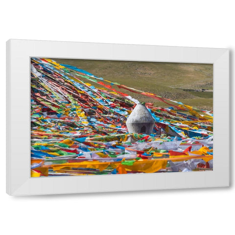 Prayer flags with juniper incense burner on Tibetan Plateau-Namtso-Lake Nam-Tibet-China White Modern Wood Framed Art Print by Su, Keren