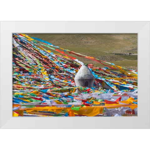 Prayer flags with juniper incense burner on Tibetan Plateau-Namtso-Lake Nam-Tibet-China White Modern Wood Framed Art Print by Su, Keren