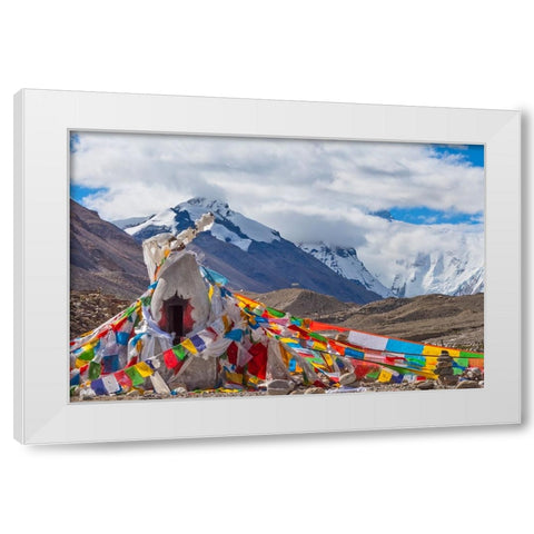 Mani pile and prayer flags in Rongbuk Valley-Lhotse peak-Mt-Everest-Shigatse Prefecture-Tibet-China White Modern Wood Framed Art Print by Su, Keren