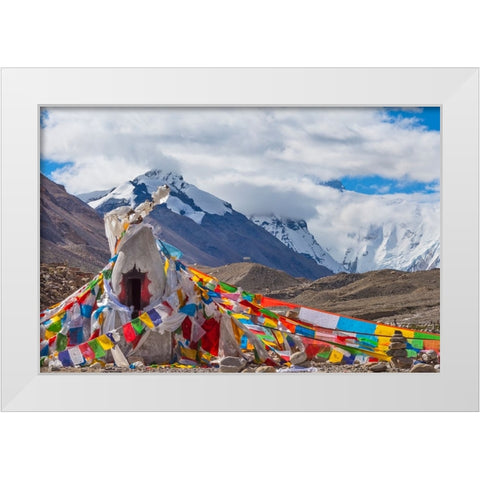 Mani pile and prayer flags in Rongbuk Valley-Lhotse peak-Mt-Everest-Shigatse Prefecture-Tibet-China White Modern Wood Framed Art Print by Su, Keren