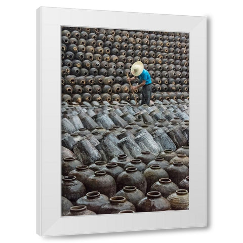 Man in the middle of big pile of wine jars-Wuxi-Jiangsu Province-China White Modern Wood Framed Art Print by Su, Keren