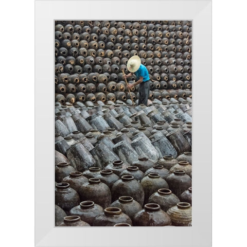 Man in the middle of big pile of wine jars-Wuxi-Jiangsu Province-China White Modern Wood Framed Art Print by Su, Keren