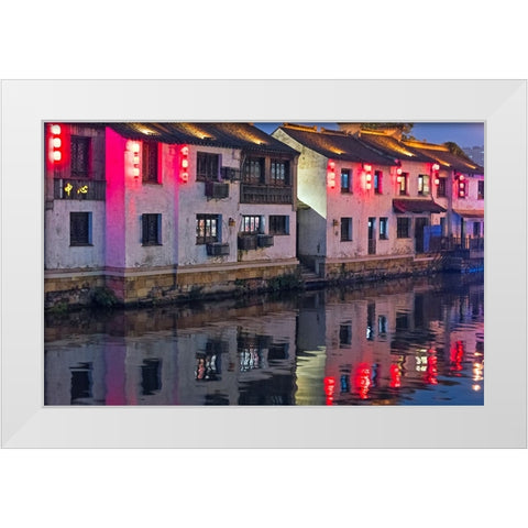 Night view of traditional houses along the Grand Canal-Wuxi-Jiangsu Province-China White Modern Wood Framed Art Print by Su, Keren