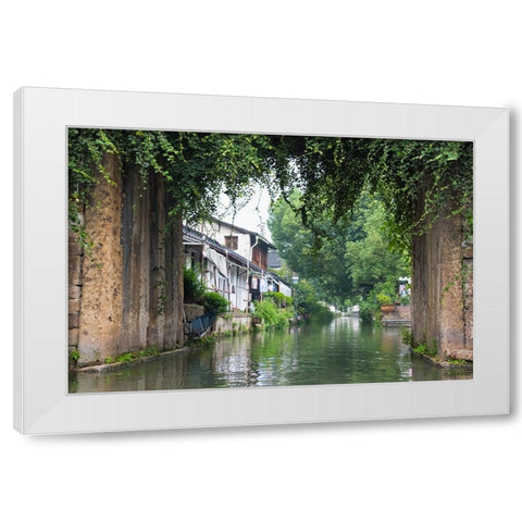 Stone bridge and traditional houses on the Grand Canal-Shaoxing-Zhejiang Province-China White Modern Wood Framed Art Print by Su, Keren
