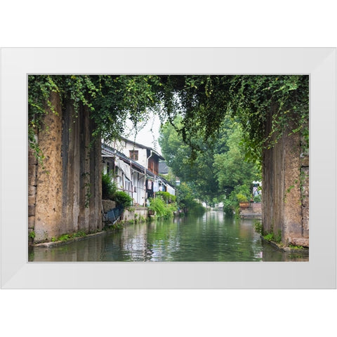 Stone bridge and traditional houses on the Grand Canal-Shaoxing-Zhejiang Province-China White Modern Wood Framed Art Print by Su, Keren