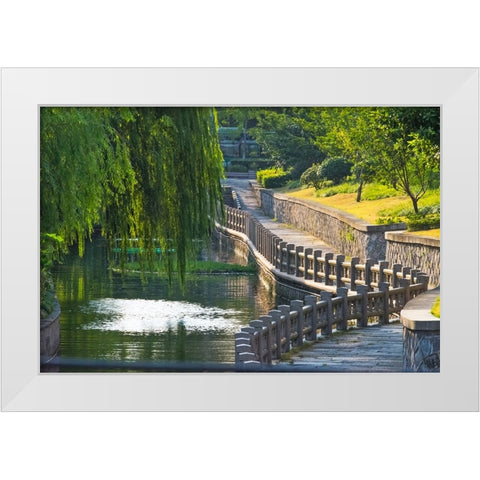 Gongchen Bridge with willow tree-eastern end of the Grand Canal-Hangzhou-Zhejiang Province-China White Modern Wood Framed Art Print by Su, Keren