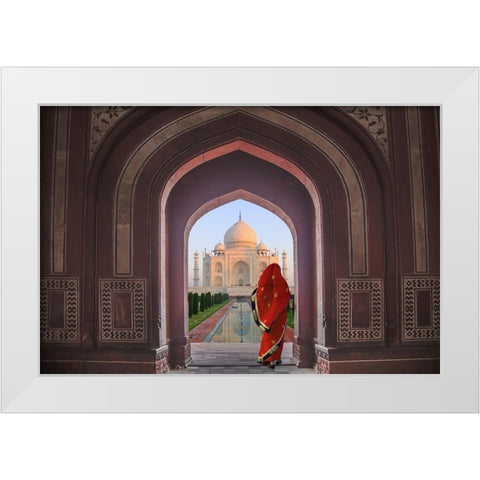 India-Agra-Taj Mahal-Composite of woman in archway facing mausoleum White Modern Wood Framed Art Print by Jaynes Gallery