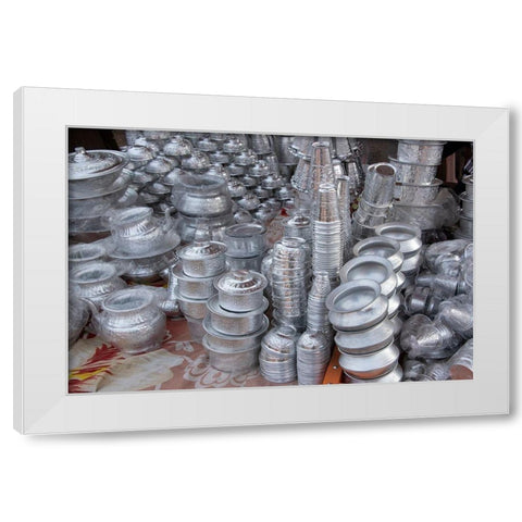 India-Delhi-Old Delhi Aluminum vendor-detail of goods for sale White Modern Wood Framed Art Print by Hopkins, Cindy Miller