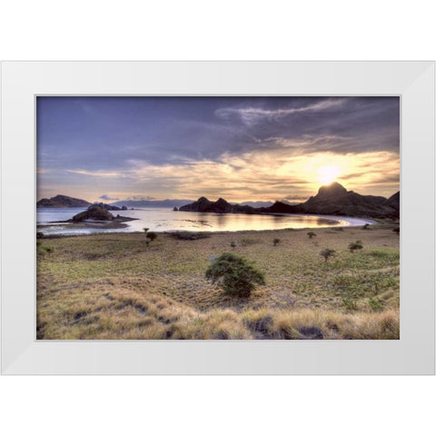 Indonesia, Komodo NP Sunset over an islands White Modern Wood Framed Art Print by Shimlock, Jones