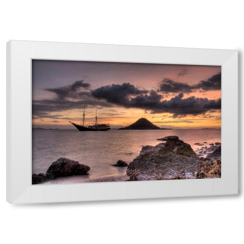 Indonesia, Komodo NP Sunset on a schooner White Modern Wood Framed Art Print by Shimlock, Jones