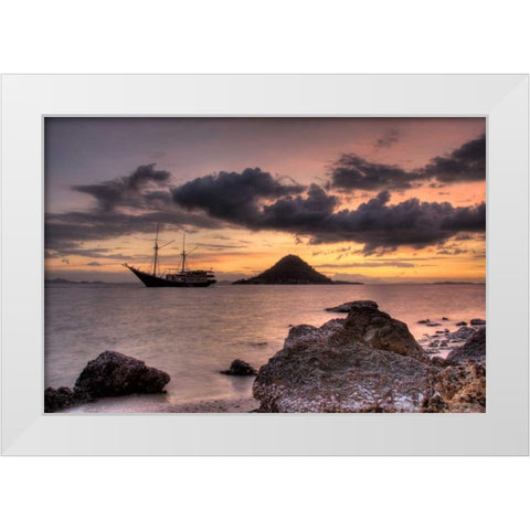 Indonesia, Komodo NP Sunset on a schooner White Modern Wood Framed Art Print by Shimlock, Jones