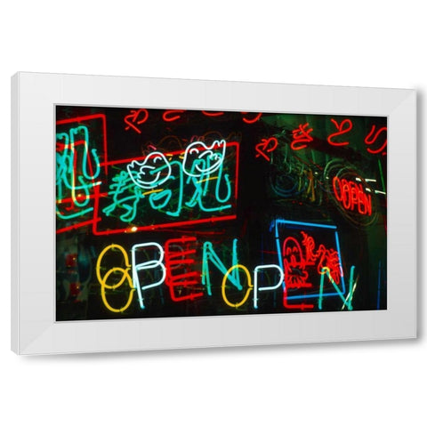 Japan, Osaka Neon signs for sale in the market White Modern Wood Framed Art Print by Ross, Nancy ,  Steve