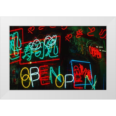 Japan, Osaka Neon signs for sale in the market White Modern Wood Framed Art Print by Ross, Nancy ,  Steve