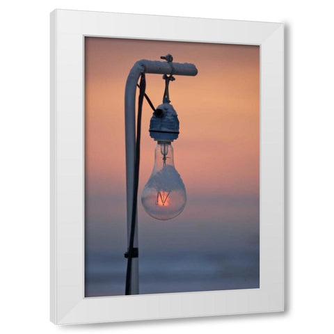 Japan, Hokkaido Sunrise through a ight bulb White Modern Wood Framed Art Print by Anon, Josh