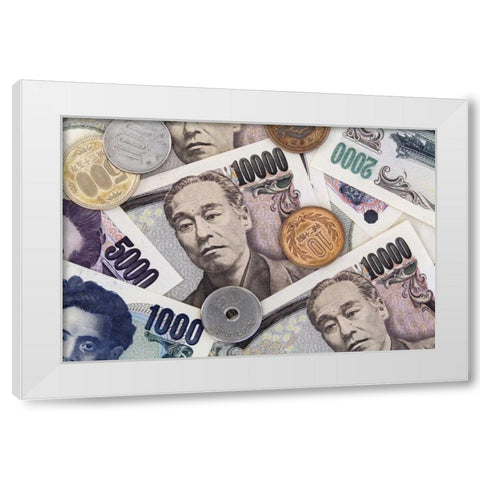 Japan Japanese paper currency and coins White Modern Wood Framed Art Print by Flaherty, Dennis