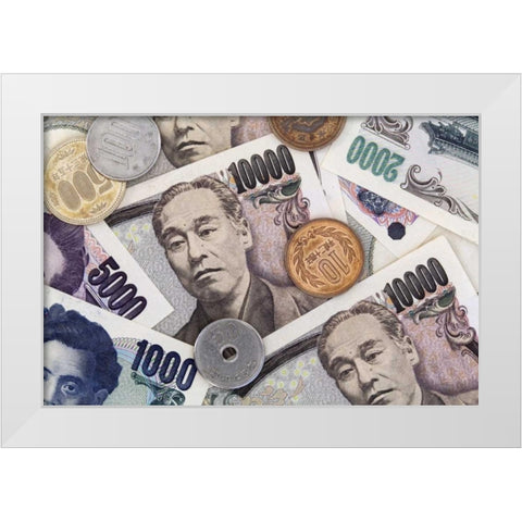 Japan Japanese paper currency and coins White Modern Wood Framed Art Print by Flaherty, Dennis