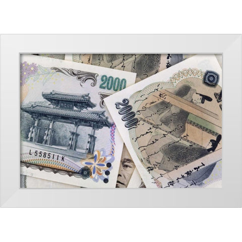 Japan Detail of Japanese paper currency, the Yen White Modern Wood Framed Art Print by Flaherty, Dennis