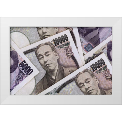 Japan Detail of Japanese paper currency, the Yen White Modern Wood Framed Art Print by Flaherty, Dennis