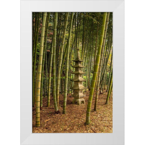 A tall pagoda statue in the center of a tall bamboo grove-Akebonoyama Park-Japan White Modern Wood Framed Art Print by Haddad, Sheila