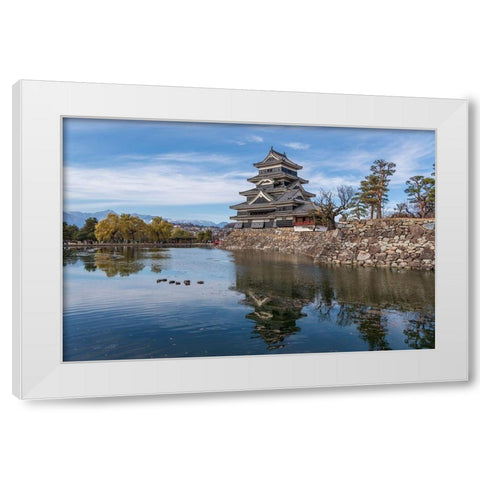 The reflection of the Matsumoto Castle and the castle against the mountain backdrop in Japan White Modern Wood Framed Art Print by Haddad, Sheila