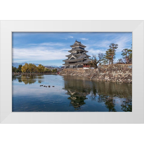 The reflection of the Matsumoto Castle and the castle against the mountain backdrop in Japan White Modern Wood Framed Art Print by Haddad, Sheila