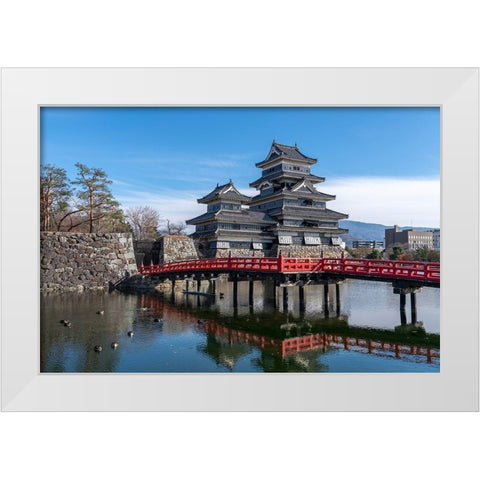 The Matsumoto Castle as seen from the bridge with the city buildings in the background-Japan White Modern Wood Framed Art Print by Haddad, Sheila