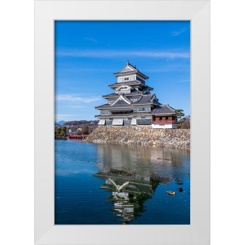 The Matsumoto Castle as seen from the bridge with the city buildings in the background-Japan White Modern Wood Framed Art Print by Haddad, Sheila